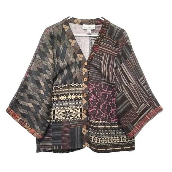 Sacred Threads Sweaters - Sacred Threads Patchwork Button Down Sweater Womens Size L Boho Wide Sleeves